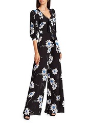 Michael Kors Puff-Sleeve Floral Silk Jumpsuit