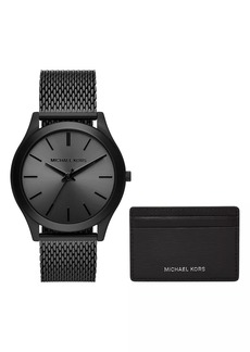 Michael Kors Runway Black Stainless Steel Mesh Watch & Leather Cardholder Gift Set