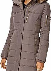 Michael Kors Women's Flannel Down 3/4 Puffer Coat With Faux Fur And Hood In Gray