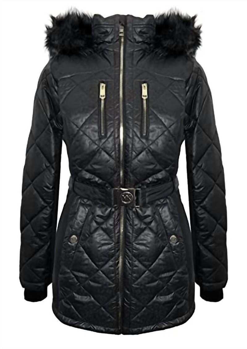 Michael Kors Women'S Scuba Stretch Belted Faux Fur Hood Quilted Coat in Black