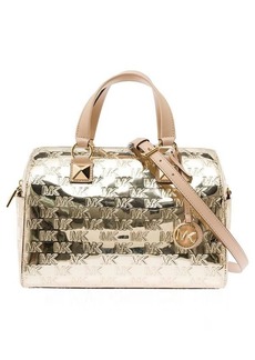 MICHAEL Michael Kors 'Medium Grayson' Gold Satchel Bag with All-Over Embossed Logo in Patent Woman