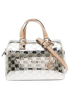MICHAEL Michael Kors 'Medium Grayson' Silver Satchel Bag with All-Over Embossed Logo in Patent Woman