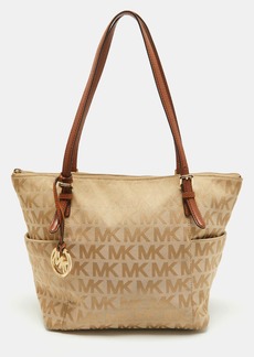 MICHAEL Michael Kors Michael Kors Beige/brown Signature Canvas And Leather Jet Set Top Zip Tote