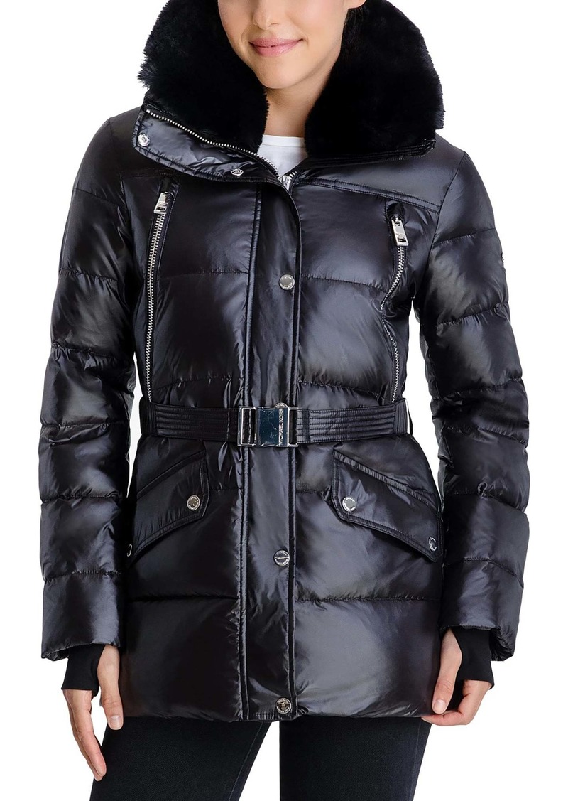 MICHAEL Michael Kors Michael Kors Black Shiny Down Belted Faux Fur Collar Quilted Coat Jacket