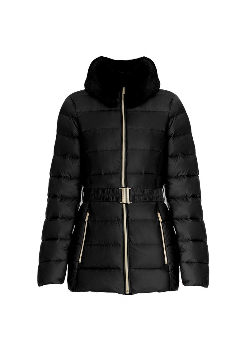 MICHAEL Michael Kors Michael Kors Women's Black Faux Fur Collar Belted Lightweight Down Puffer Coat