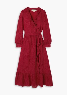 MICHAEL Michael Kors - Ruffled leopard-print silk crepe de chine midi wrap dress - Red - XS