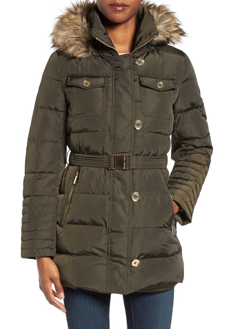 MICHAEL Michael Kors MICHAEL Michael Kors Faux Fur Trim Belted Down & Feather Fill Coat | Outerwear