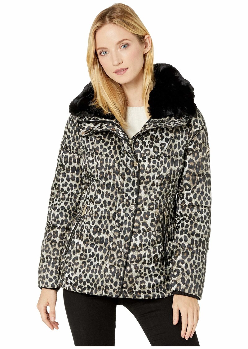 michael kors missy front zip faux fur collared jacket