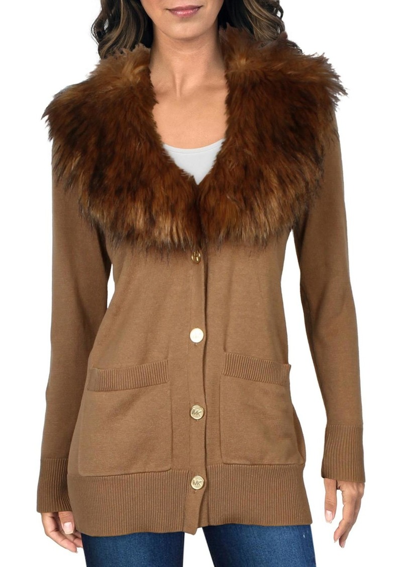 MICHAEL Michael Kors Womens Faux Fur Trim Button-Down Cardigan Sweater