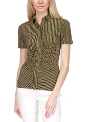 MICHAEL Michael Kors Womens Ruched Short Sleeve Button-Down Top