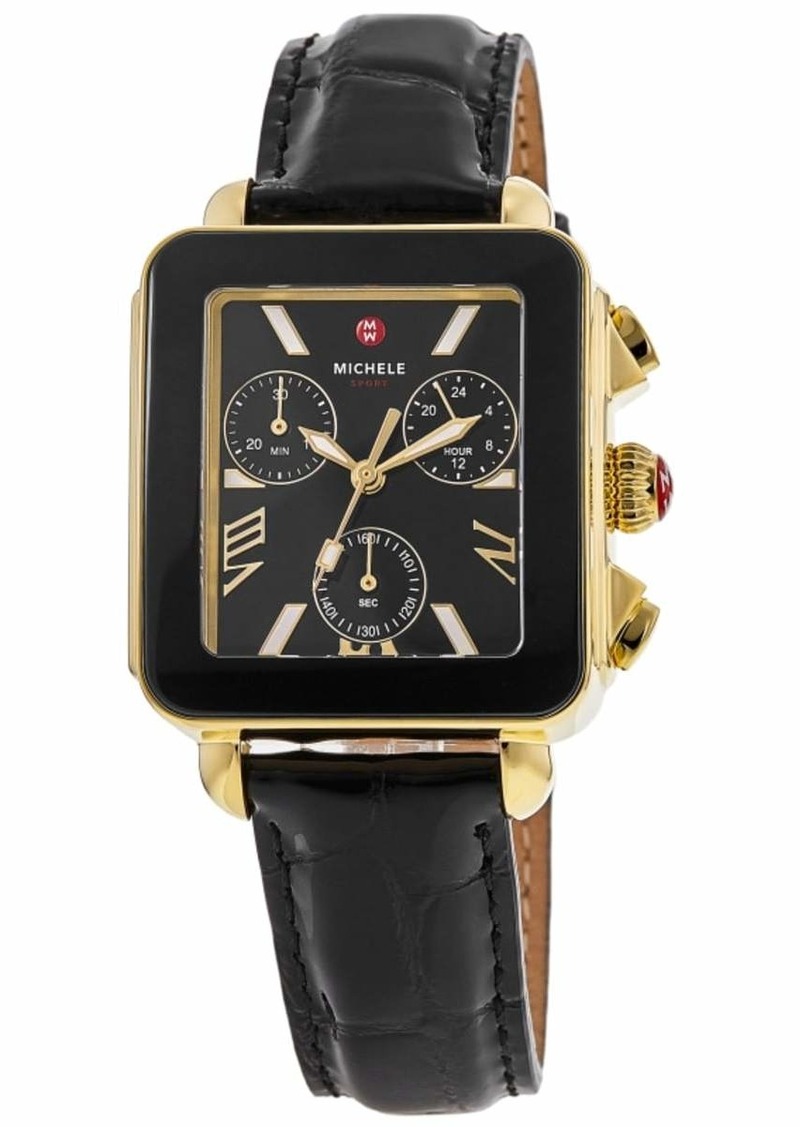 Michele Deco Sport Quartz Chronograph Black Dial Gold Tone Steel Leather Strap Women's Watch MWW06K000070