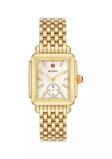 Michele White Mother-Of-Pearl Goldtone Chronograph 0.08 TCW Diamond Bracelet Watch