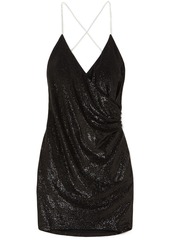Michelle Mason Woman Wrap-effect Crystal-trimmed Metallic Stretch-jersey Mini Dress Black
