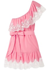 Miguelina Woman Summer One-shoulder Crochet-trimmed Linen Mini Dress Pastel Pink