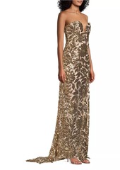 Milly Adrianna Sequin Leaf Strapless Gown