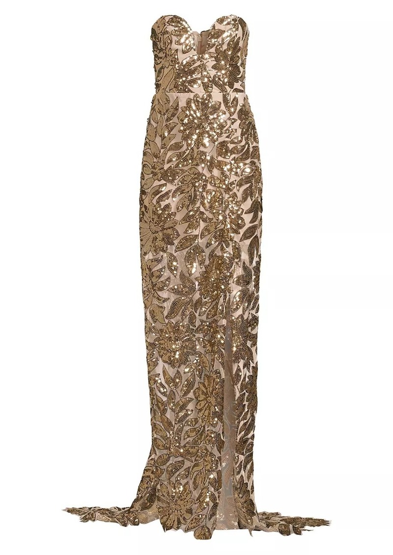 Milly Adrianna Sequin Leaf Strapless Gown