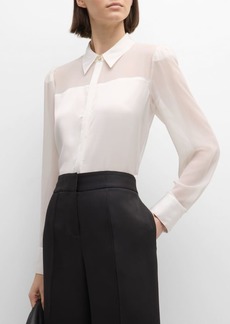 Milly Andy Sheer-Panel Button-Down Satin Blouse