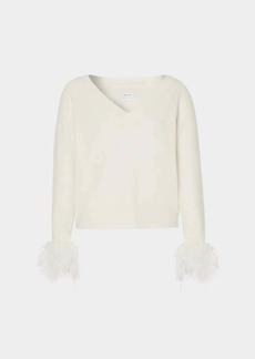 Milly Feather Cuff V-Neck Sweater In Ecru