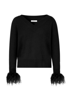 Milly Feather-Embellished V-Neck Sweater