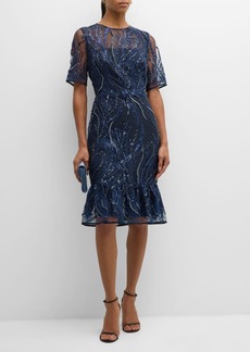 Milly Flounce Sequin-Embroidered Midi Dress