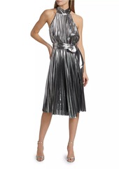 Milly Idena Metallic Pleated Halter Midi-Dress