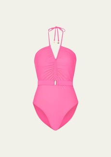 Milly Cabana Ruched Halter One-Piece Swimsuit