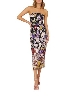 Milly Floral Embroidered Mesh Strapless Midi Dress