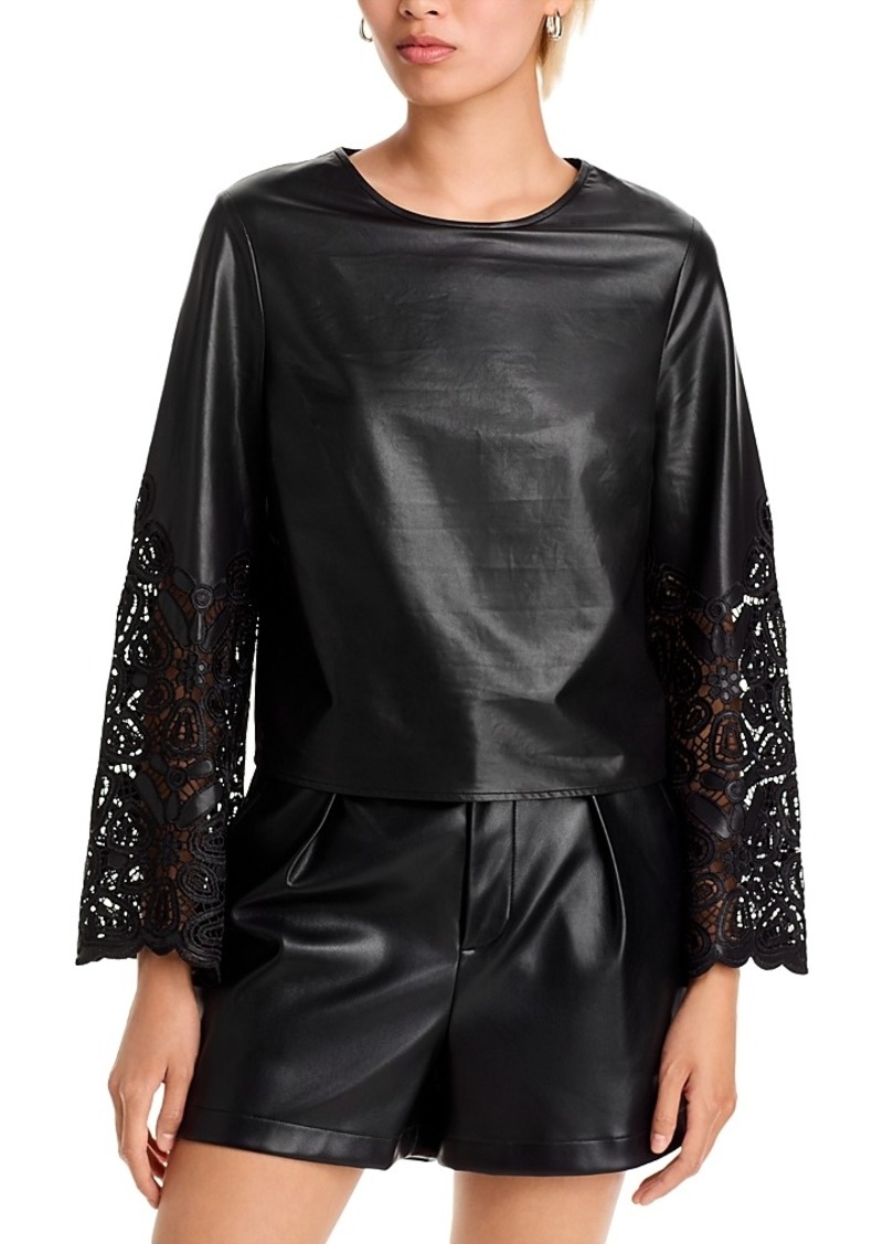 Milly Lara Faux Leather Embroidered Long Sleeve Top