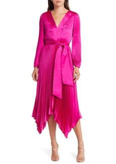 Milly Liora Long Sleeve Pleated Satin Midi Dress