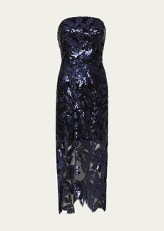 Milly Olea Floral Sequin Strapless Midi Dress