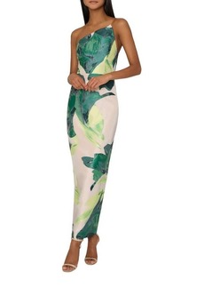 Milly Tropical Forest Jacquard Strapless Midi Dress