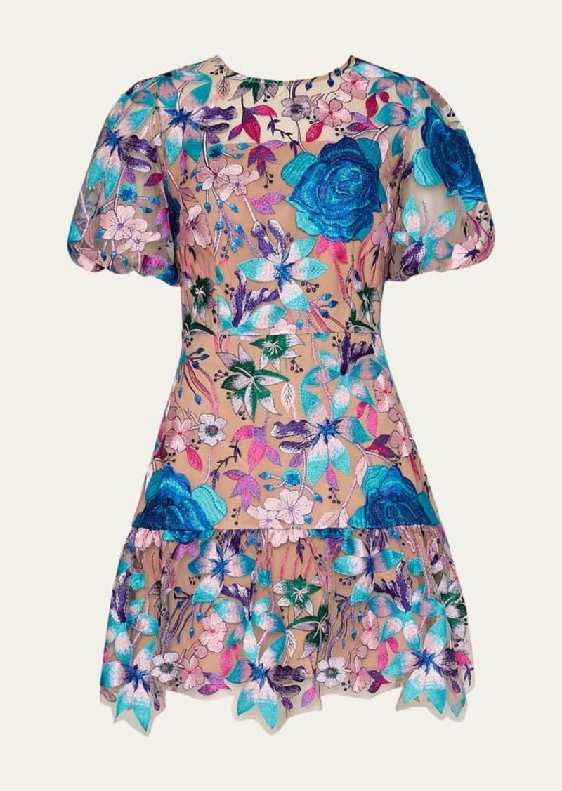 Milly Yasmin Floral-Embroidered Mesh Mini Dress