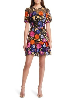 Milly Yasmin Floral Embroidered Puff Sleeve Mesh Fit & Flare Dress