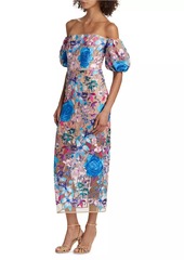 Milly Nira Floral Embroidered Off-the-Shoulder Midi-Dress