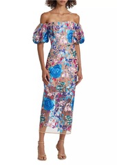 Milly Nira Floral Embroidered Off-the-Shoulder Midi-Dress