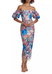 Milly Nira Floral Embroidered Off-the-Shoulder Midi-Dress