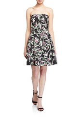 Milly Painted Floral Strapless Cross Wrap Faille Dress