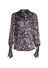 Milly Painted-Print Tie-Cuff Blouse