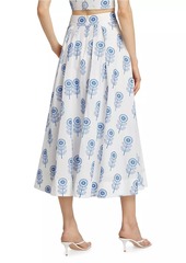 Milly Poppy-Embroidered Cotton Midi-Skirt