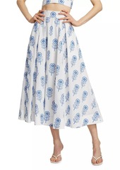 Milly Poppy-Embroidered Cotton Midi-Skirt