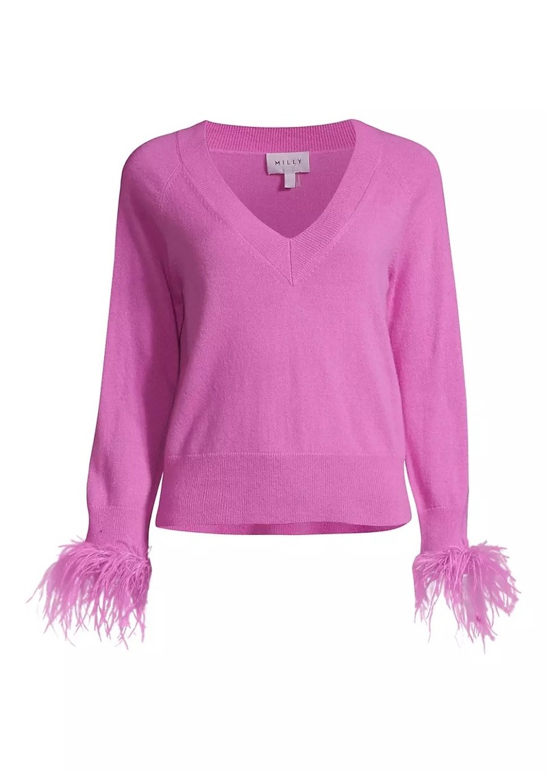 Milly V-Neck Feather-Cuff Sweater