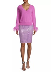 Milly V-Neck Feather-Cuff Sweater