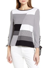 Ming Wang Asymmetric Stripe Laced Sleeve Sweater in Black/White at Nordstrom