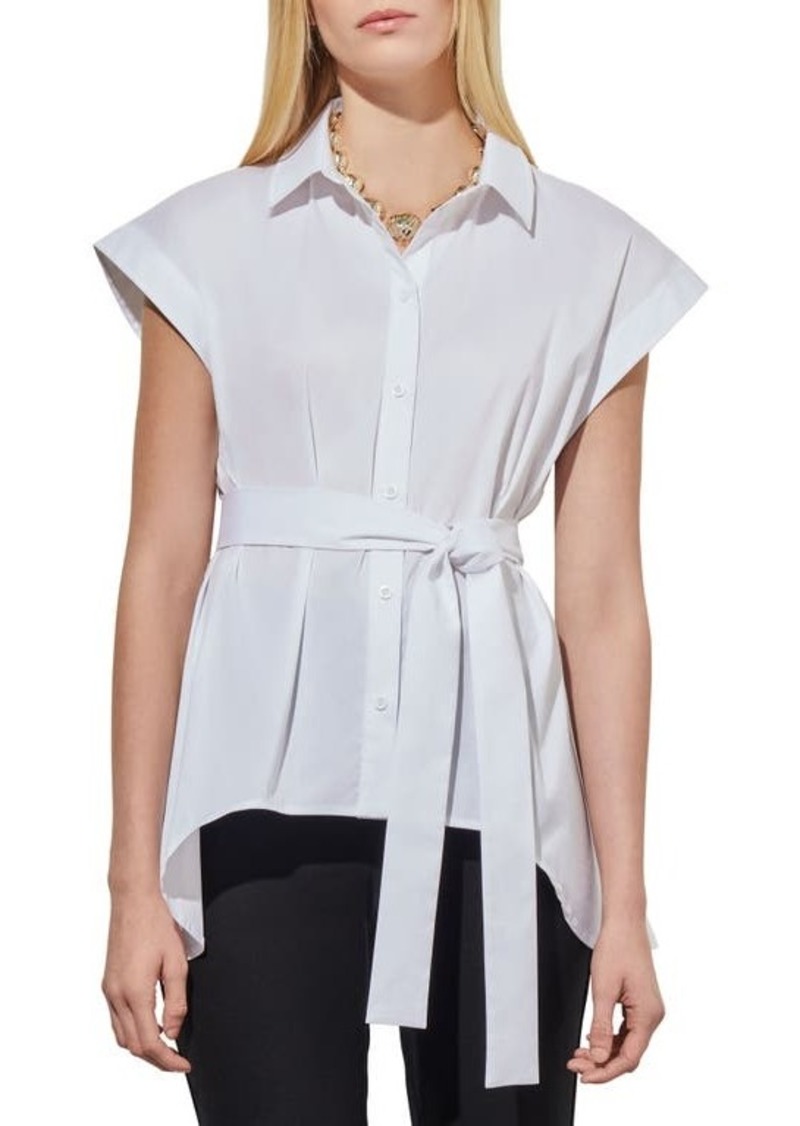 Ming Wang Belted High-Low Button-Up Shirt