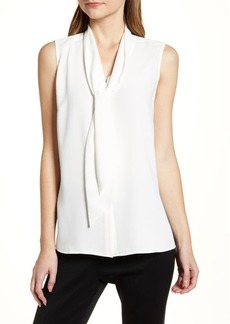 Ming Wang Crepe Tie Neck Sleeveless Blouse in White at Nordstrom