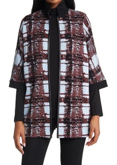 Ming Wang Faux Leather Trim Short Sleeve Jacket in Auburn Brown Polar Blue Blk at Nordstrom