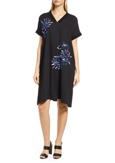 Ming Wang Floral Embroidered Shift Dress in Patriot Blue/White/Black at Nordstrom
