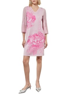 Ming Wang Floral Print Metallic Pleated Sleeve Shift Dress
