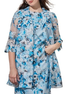 Ming Wang Floral Sheer Open Front Elbow Sleeve Jacket