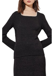 Ming Wang Imitation Pearl Collar Shimmer Rib Sweater